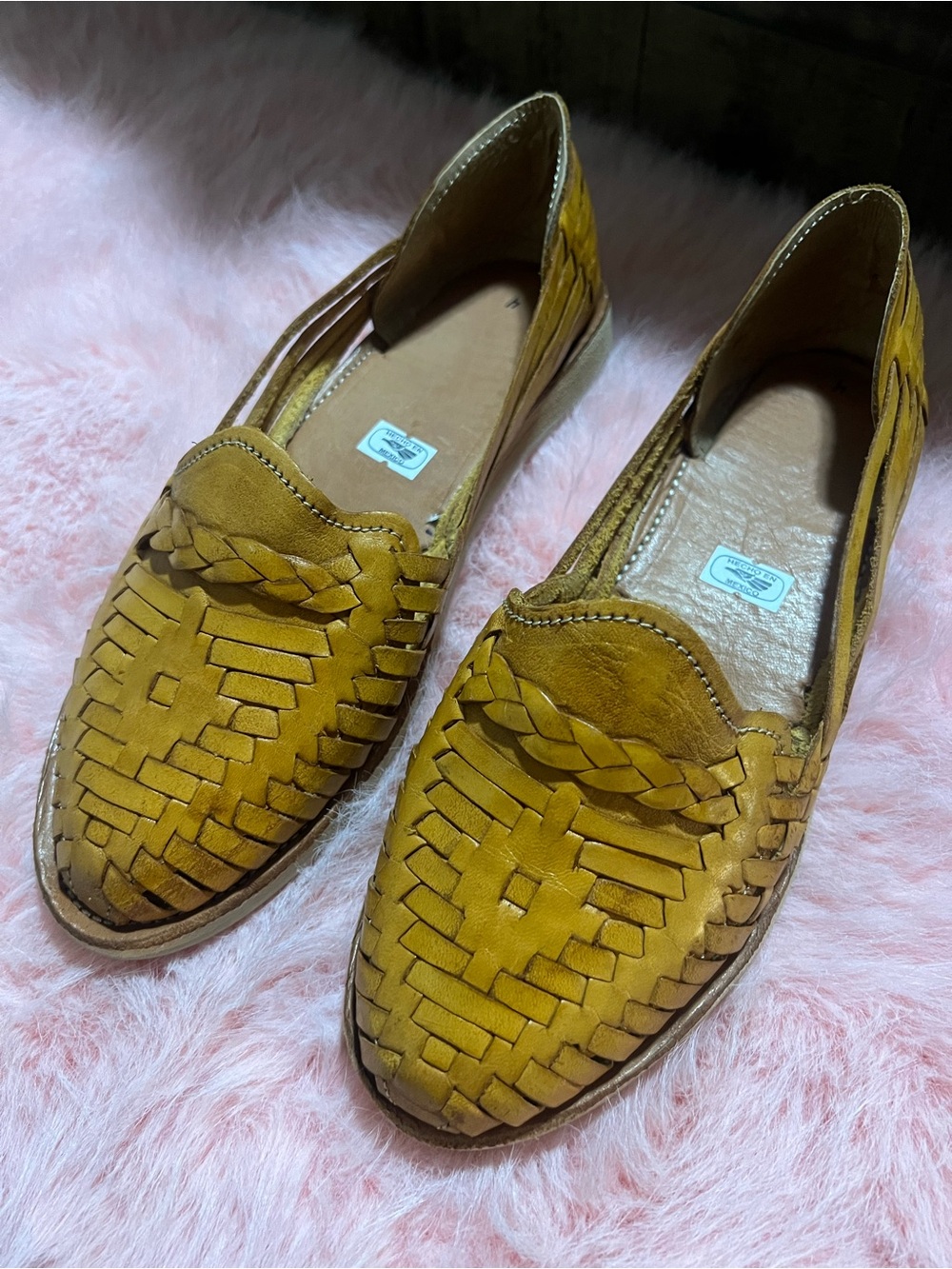 Woven Leather Loafers in Mustard Yellow - Women's Slip-On Shoes